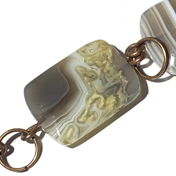 Geometric Banded Agate Necklace, Rustic Genuine Gemstone Copper Link Necklace - Picture 7 of 11